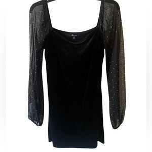 Jump Apparel • Black Velvety Mini Dress w/ Mesh Sleeves Covered in Rhinestones